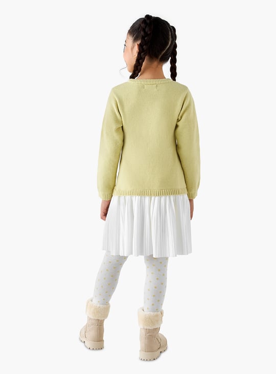 Juniors Unicorn Applique Sweater Dress with Polka Dot Tights