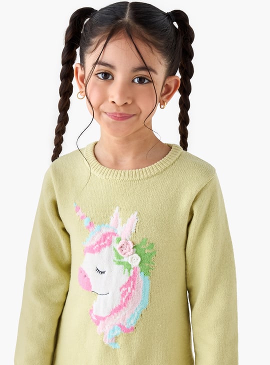 Juniors Unicorn Applique Sweater Dress with Polka Dot Tights