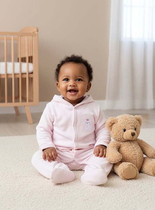 Juniors Bunny Embroidery Hooded Sleepsuit with Long Sleeves