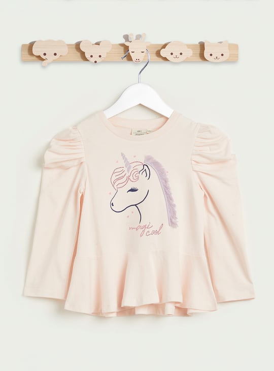 Juniors Unicorn Applique Peplum Top with Long Sleeves