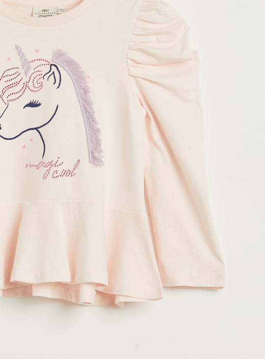 Juniors Unicorn Applique Peplum Top with Long Sleeves