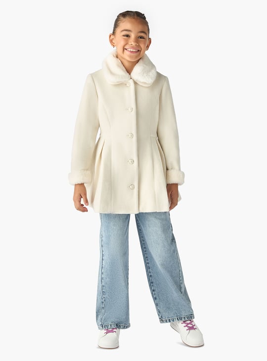 Juniors Solid Faux Fur Collared Coat