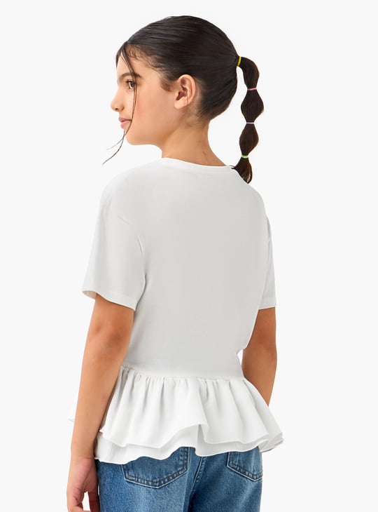 Juniors Floral Embroidered Peplum Top with Short Sleeves