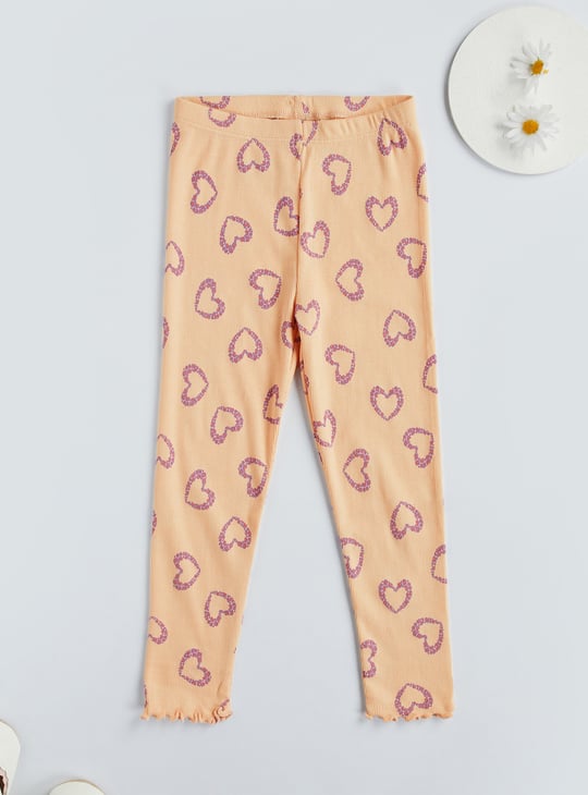 Juniors Heart Print Ribbed Leggings with Elasticated Waistband