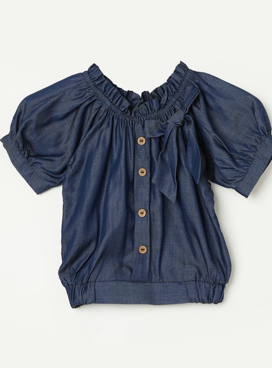 PEPPERMINT Girls Solid Blouson Top with Bow-Detail