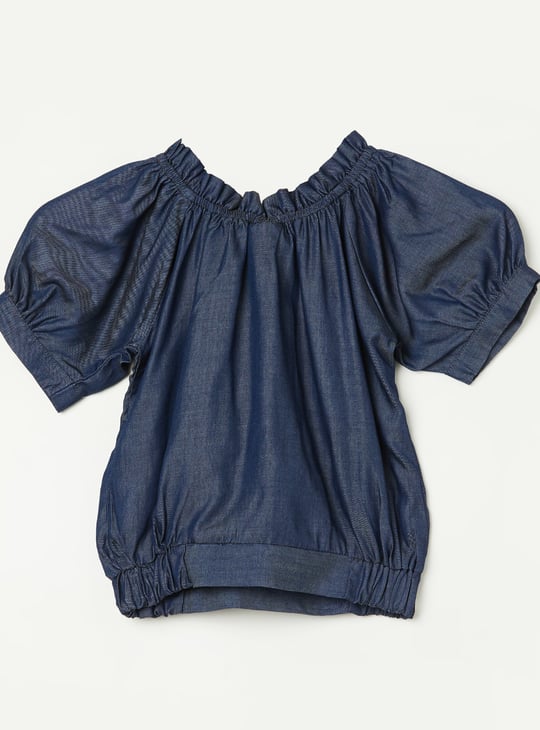 PEPPERMINT Girls Solid Blouson Top with Bow-Detail