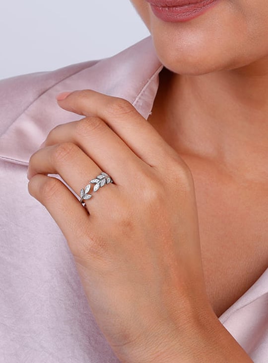 GIVA Sterling Silver Zircon Leaf Finger Ring
