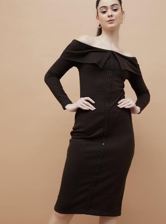brown dress shoes blue laces Lois Off-Shoulder Bodycon Dress, Brown Abstract  Jolie Moi Retail