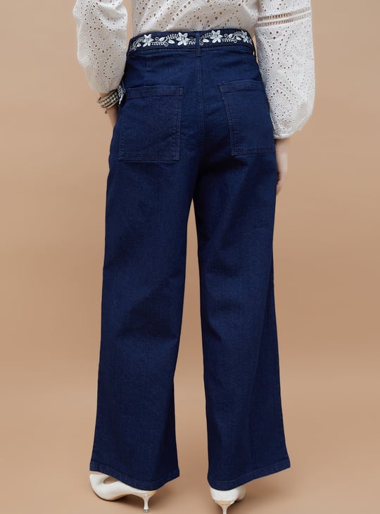 COLOUR ME Embroidered High-Rise Wide-Leg Jeans
