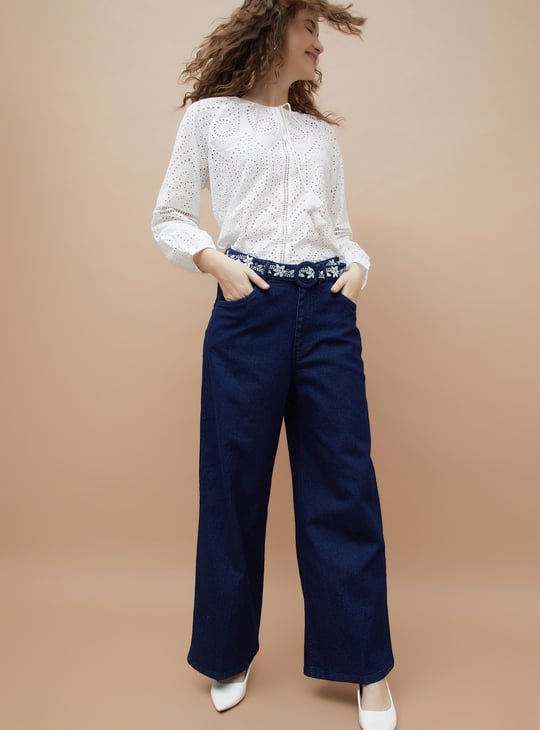 COLOUR ME Embroidered High-Rise Wide-Leg Jeans