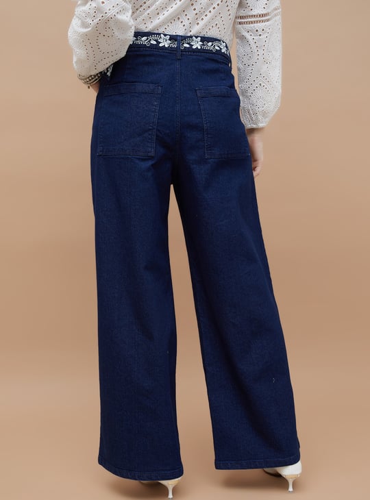 COLOUR ME Embroidered High-Rise Wide-Leg Jeans
