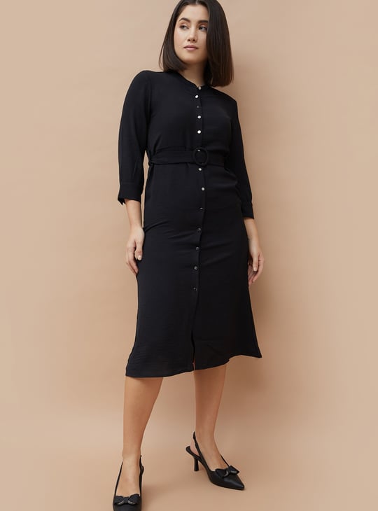 CODE CLASSIC Solid Belted Detail Shirt Dress