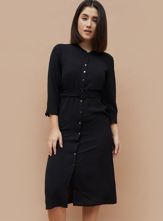CODE CLASSIC Solid Belted Detail Shirt Dress