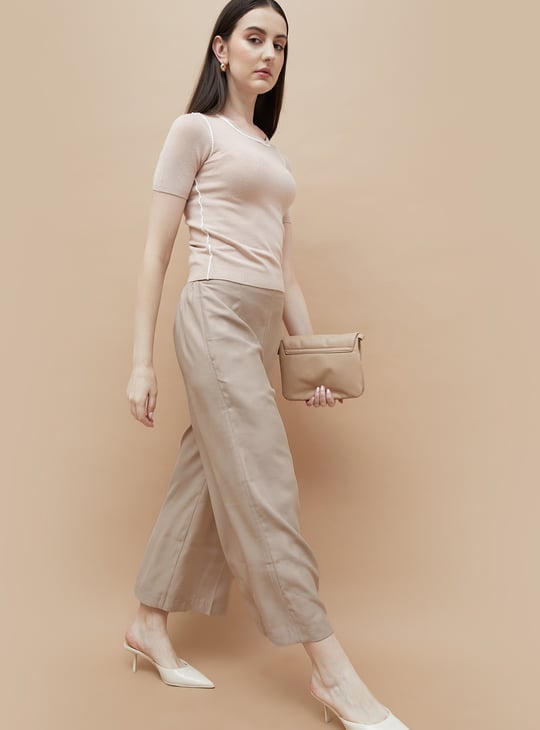 CODE Solid Wide Leg Cropped Trousers