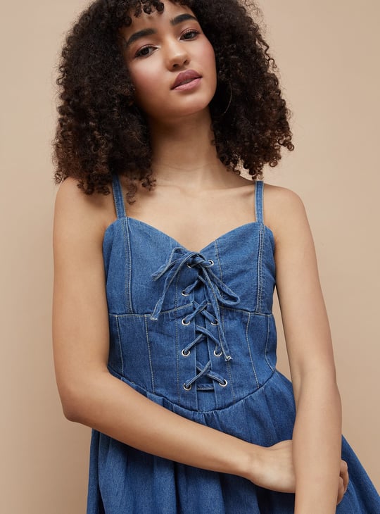 slim fit dress slacks SO ME Bow Strap Fit & Flare Denim Mini Dress in Washed Indigo – Beach Rose  Co main image 0