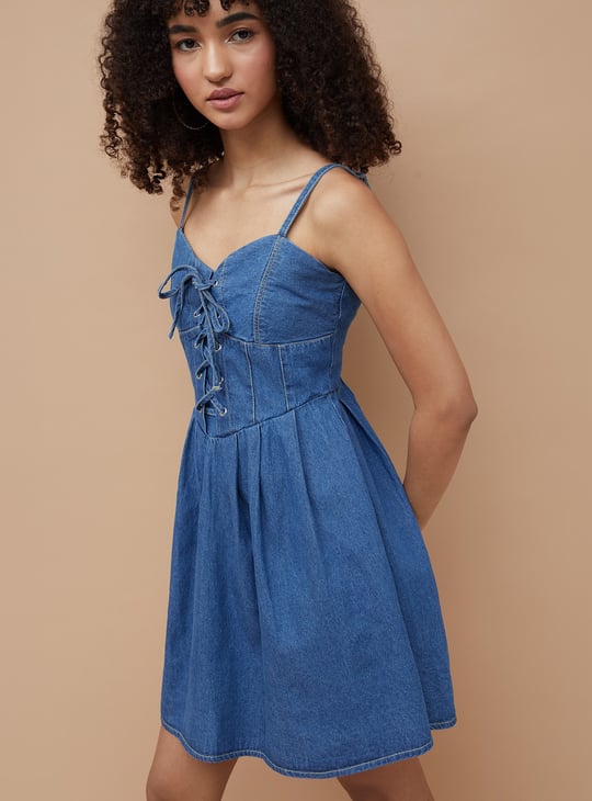 GINGER Solid Fit & Flare Denim Dress