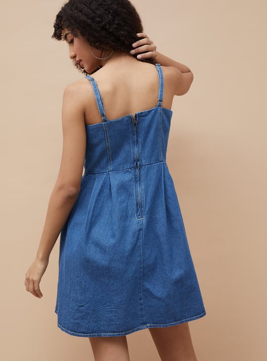 GINGER Solid Fit & Flare Denim Dress