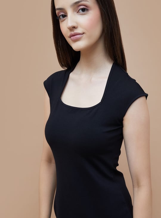 GINGER Solid Cap Sleeves Bodycon Dress