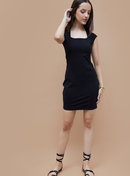 GINGER Solid Cap Sleeves Bodycon Dress