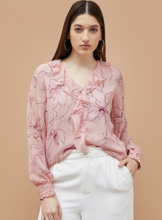 CODE Floral Printed V-Neck Top