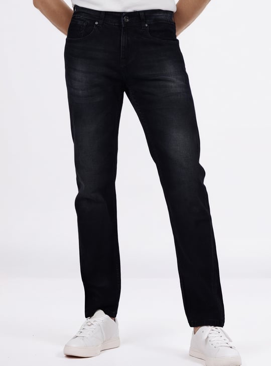 CELIO Whiskered Mid-Rise Regular Straight Jeans