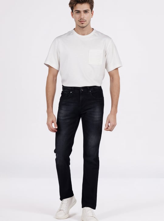 CELIO Whiskered Mid-Rise Regular Straight Jeans