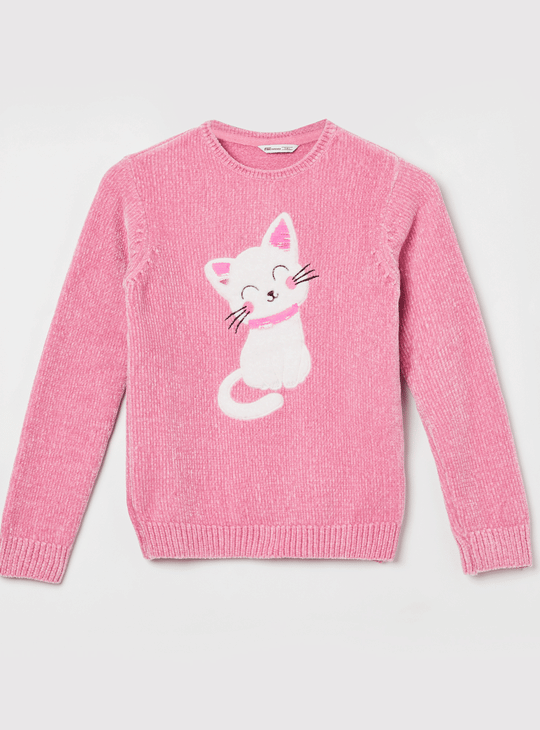 FAME FOREVER Girls Cat Applique Sweater