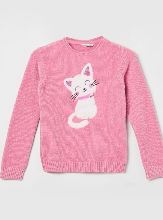 FAME FOREVER Girls Cat Applique Sweater