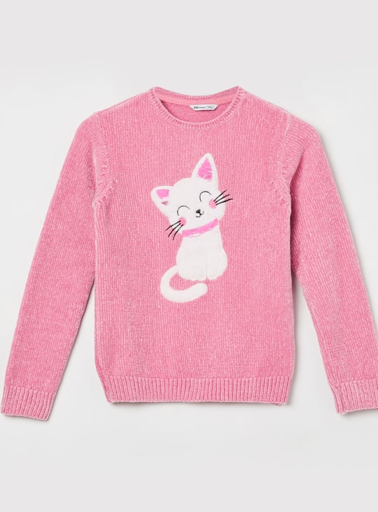 FAME FOREVER Girls Cat Applique Sweater