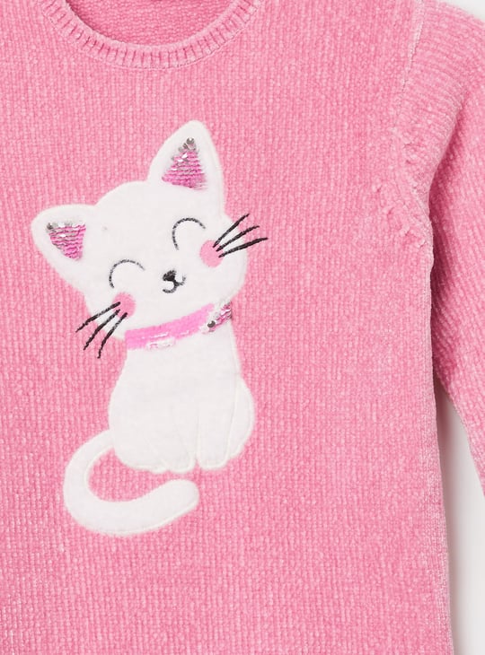 FAME FOREVER Girls Cat Applique Sweater