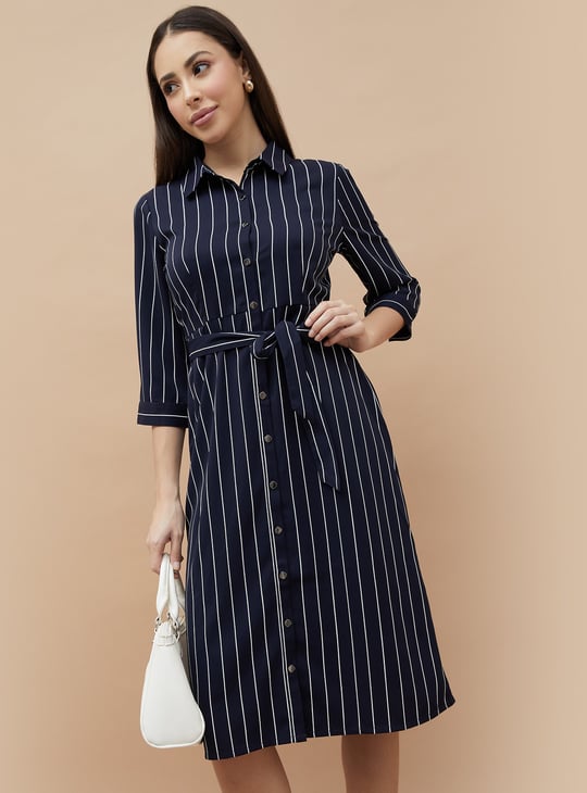 dark blue striped dress Blue Striped Midi Modern Cheongsam / Qipao Dress main image 1