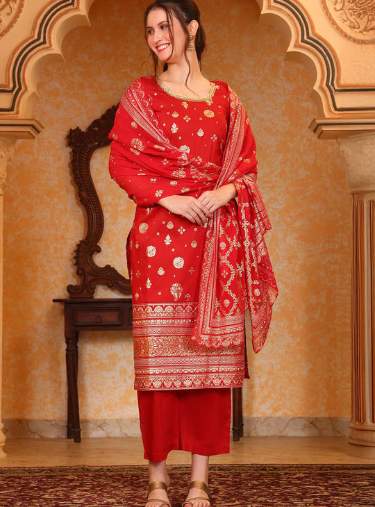 AURELIA Ethnic Motif Foil Print Straight Kurta Set