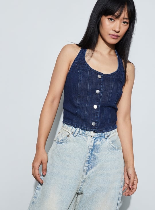 GINGER Panelled Halter Neck Denim Top