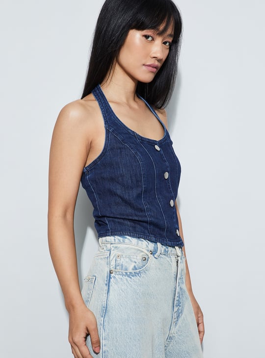 GINGER Panelled Halter Neck Denim Top