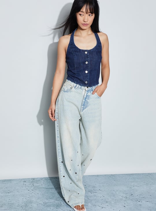 GINGER Panelled Halter Neck Denim Top