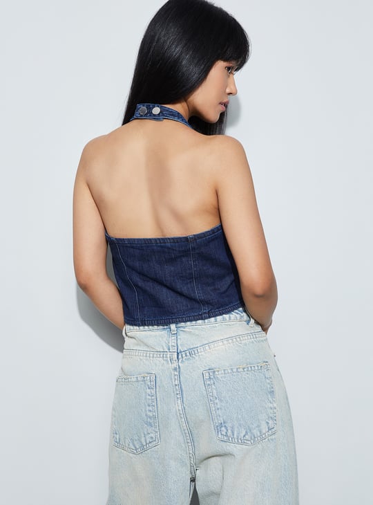 GINGER Panelled Halter Neck Denim Top