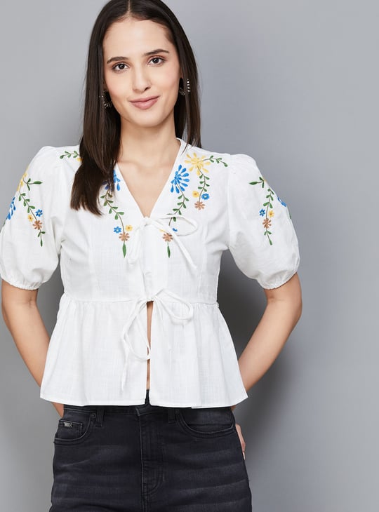 ONLY Embroidered Tie-Up Peplum Top