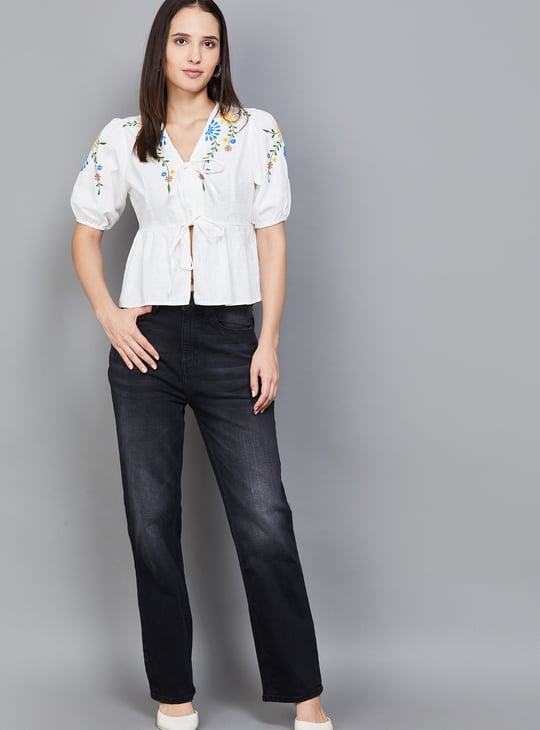 ONLY Embroidered Tie-Up Peplum Top