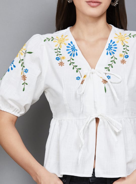 ONLY Embroidered Tie-Up Peplum Top