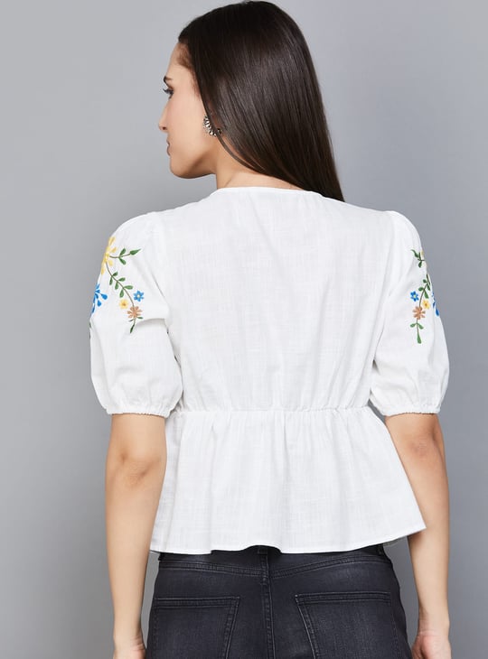 ONLY Embroidered Tie-Up Peplum Top