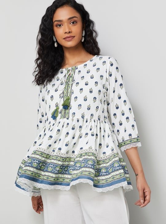MELANGE Ethnic Motif Flared Hem Top