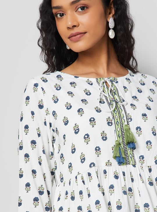 MELANGE Ethnic Motif Flared Hem Top