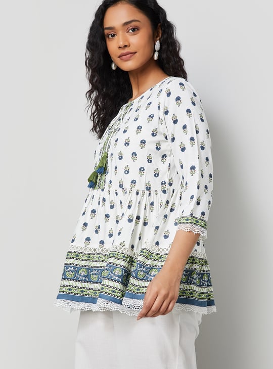 MELANGE Ethnic Motif Flared Hem Top