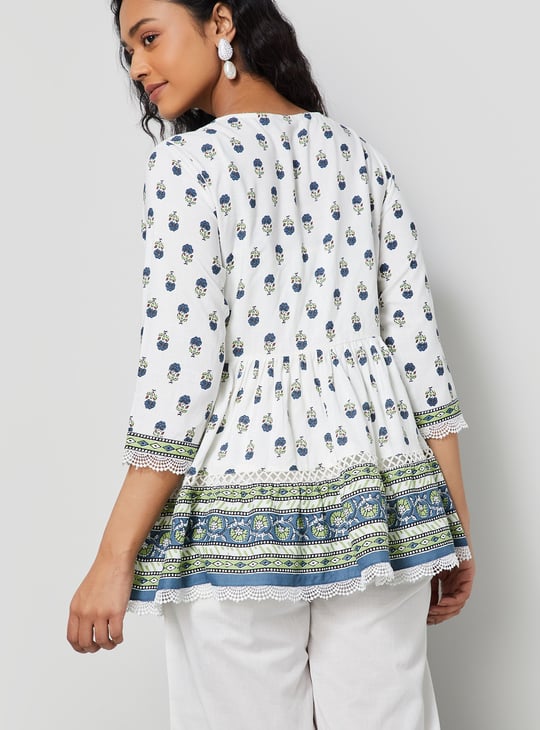 MELANGE Ethnic Motif Flared Hem Top