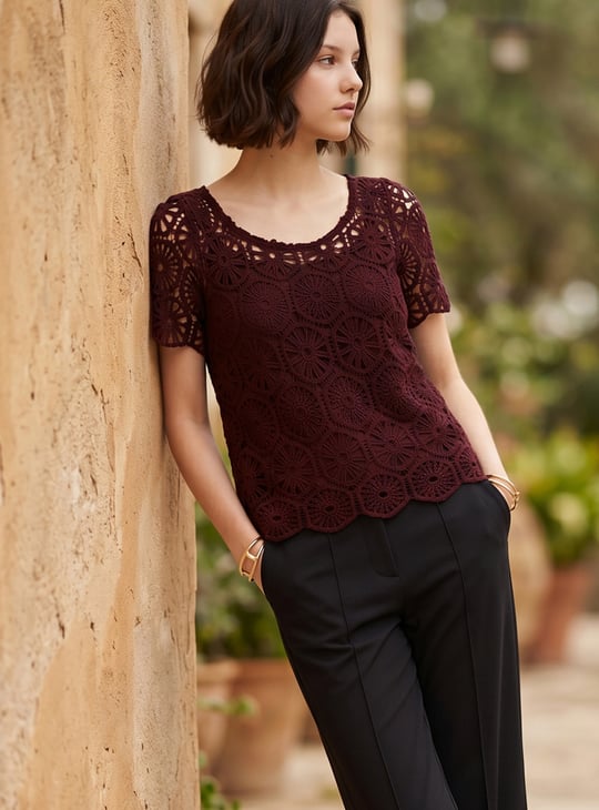 CODE Crochet Knit Top with Camisole | Burgundy