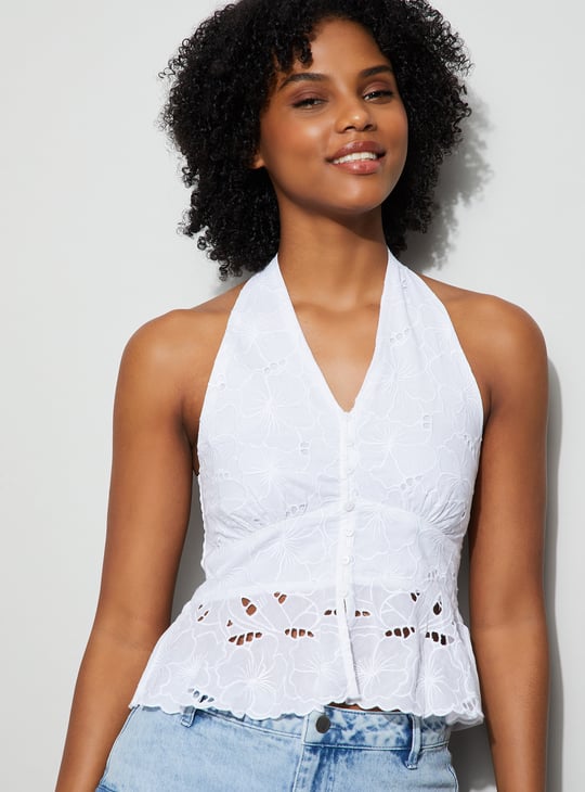 GINGER Embroidered Tie-Up Halter Top | White