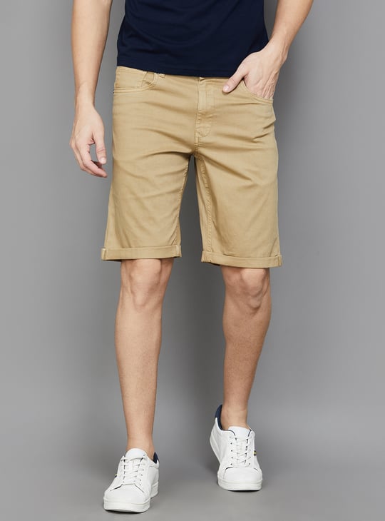 LP JEANS Solid Slim Fit Denim Shorts Beige