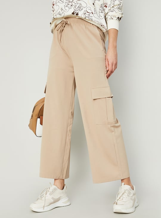 GINGER Women Solid Straight Fit Cargo Trousers Beige