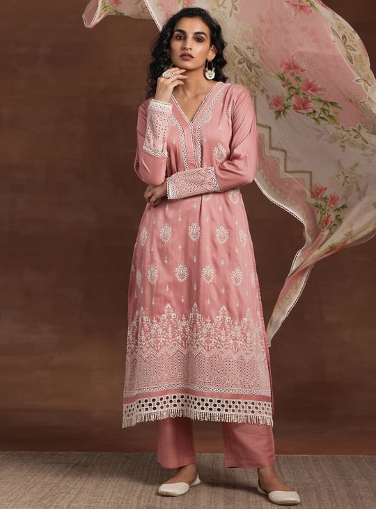 LIBAS Women Embroidered Silk Blend Straight Kurta Set