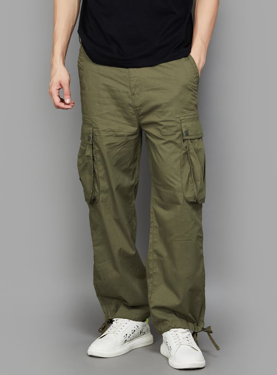 FLYING MACHINE Textured Relaxed Fit Cargo Trousers Green